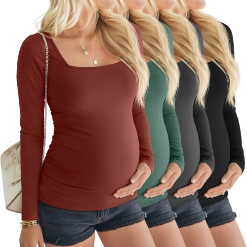 4 Pcs Womens Maternity Long Sleeve Square Neck Shirts - color: Orange, Dark Green, Gray, Black, size: Large
