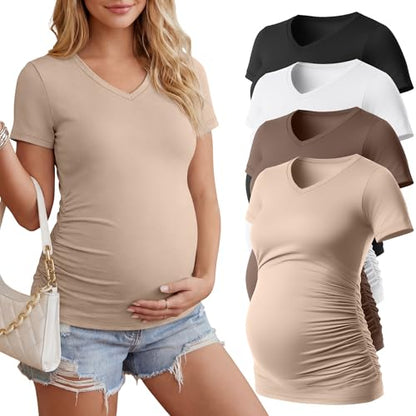 Huukeay 4 Pack Women's Maternity Shirts Pregnancy Top - color: Black, Khaki, Coffee, White, size: Small