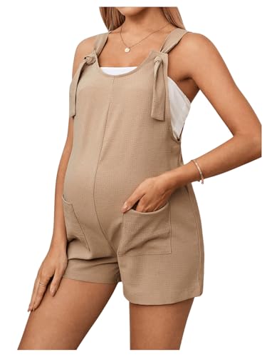 OYOANGLE Women's Maternity Romper Tie Knot Wide Strap Summer Overall - color: Khaki, size: X-Small