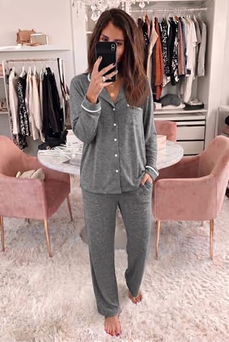 Ekouaer Womens Pajama Sets Long Sleeve Button Down 2 Piece Soft Pjs - color: Dark Grey, size: X-Large