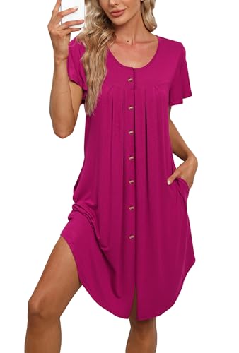 Womens Button Down Nightgown Pleated Front Short Sleeve Sleepshirt - color: A-solid - Rose, size: Large