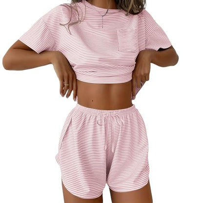 Ekouaer Womens Pajama Sets Sexy Lounge Sets Side Split Short Pj Sets - color: Pink and White Stripes, size: Medium