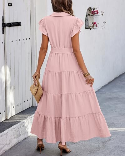 dowerme Women Ruffle Sleeve Button Belted Boho Maxi Dress - color: Pink, size: Small