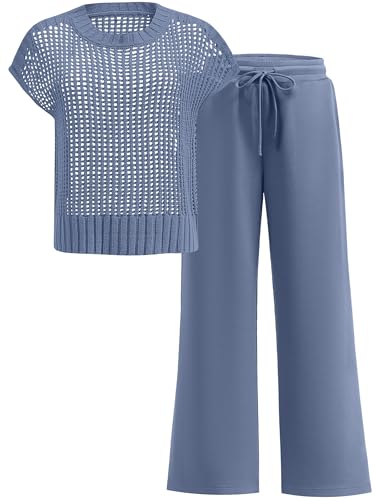 ANRABESS Women Two Piece Outfits Crochet Lounge Matching Travel Sets - color: Deep Blue, size: Small