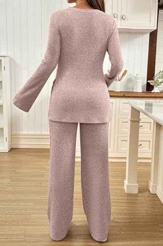 BLENCOT Maternity 2 Piece Outfits Ribbed Knit Long Sleeve Sets - color: Pink, size: Medium