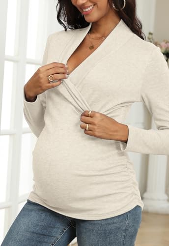 Nursing Top Cross V Neck Ruched Long Sleeve Maternity Shirt - color: Apricot Color, size: Large