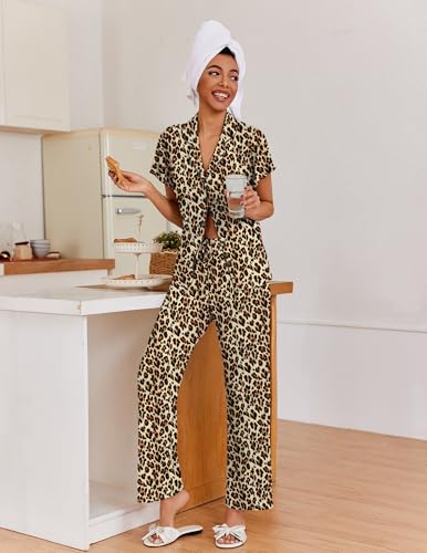 Ekouaer Pajamas for Women Set Ruffle Sleeve Button Up with Long Pants - color: Brown Leopard, size: X-Large