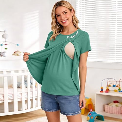 Nursing Breastfeeding Shirt for Women Friendly Double Layer Postpartum Tops - color: Green, size: Medium