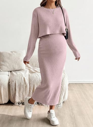 BLENCOT Maternity 2 Piece Outfits Ribbed Knit Crop Top Midi Skirt Set - color: Light Pink, size: X-Large