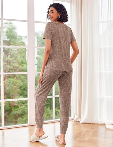 Ekouaer Pajama Sets for Womens 2 Piece Jogger Pants Lounge Set - color: Brown, size: Large
