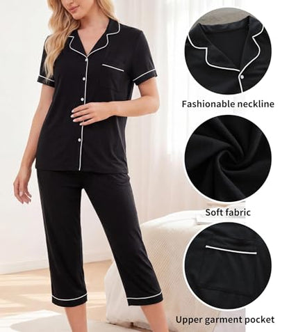 ENJOYNIGHT Womens Pajama Set Capri Short Sleeve Button Down Pj with Pocket - color: Black, size: 3X-Large