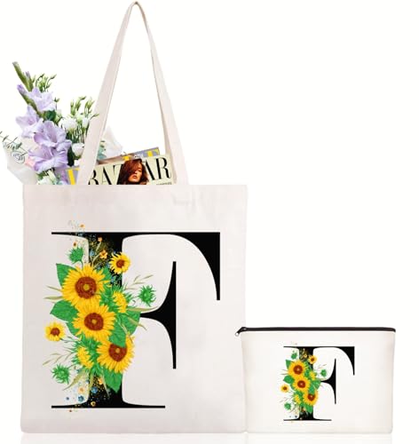 Andeiltech Initial Canvas Tote Bag Sunflower Letter Personalized Makeup Bag Monogrammed Gift for Bridesmaids Birthday Wedding - color: Sunflower Letter_f