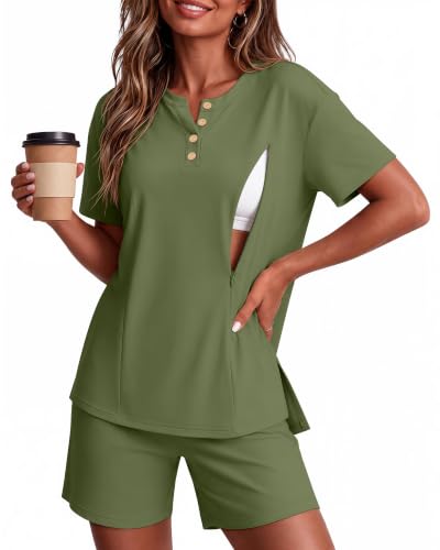 Maternity Nursing Pajama Set - color: Army Green, size: Large