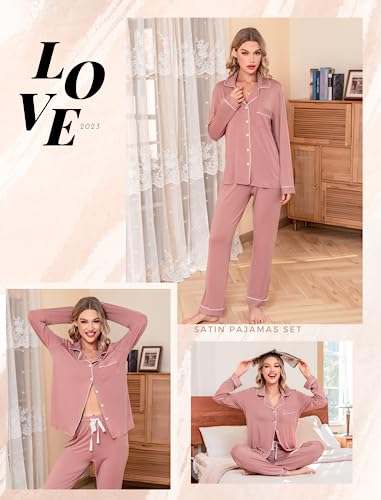 Leikar Button Up Pajamas For Women Long Sleeve Viscose Soft Pjs Lounge - color: Brick Red, size: Medium
