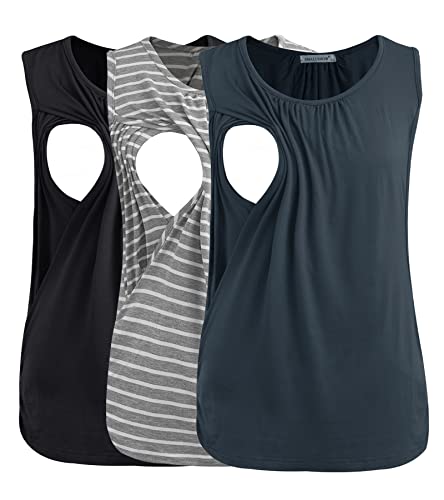 Smallshow Women's Maternity Nursing Tank Tops Breastfeeding Clothes 3-Pack - color: Black-dark Grey-light Grey Stripe(3 Pack), size: Medium