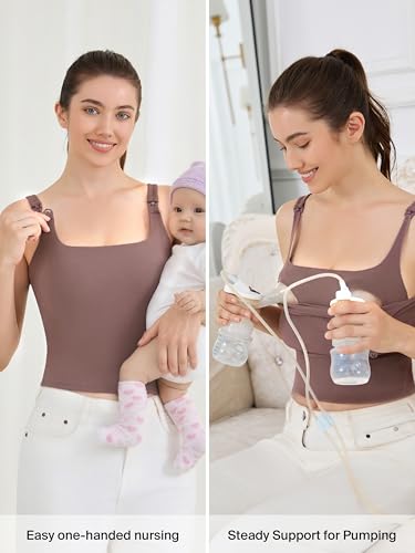 Ecavus Women's Nursing Bras for Breastfeeding Tank Tops with Built in Bra - color: Brown, size: Large