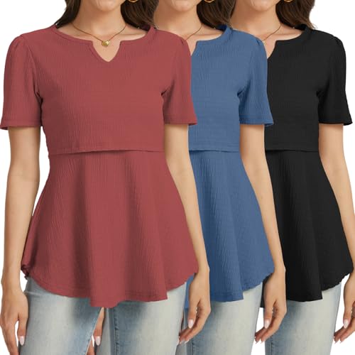 Bearsland Women's Nursing Top Short Sleeve V-Neck Breastfeeding Shirts 3-Pack - color: Black & Dusty Blue & Begonia Red‌‌, size: Small