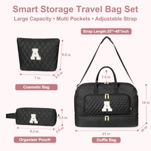 TIBES Birthday Graduation Gift for Her, Initial Weekender Bag for Women 45L - color: Black Diamond Quilted, style: L