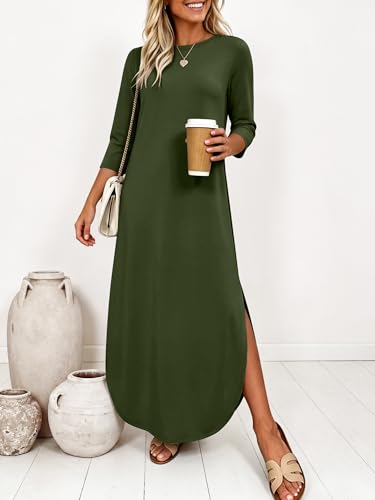 ANRABESS Women’s Air Layer 3/4 Sleeve Fall Maxi Dress & Pockets - color: Army Green, size: XX-Large