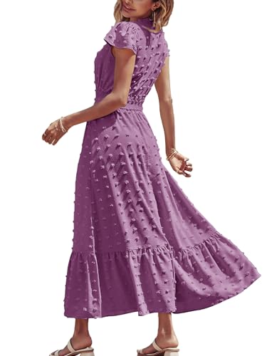 CzzzyL Women Nursing Dresses Cap Short Sleeve V Neck Swiss Dot with Pockets - color: Purple, size: Medium