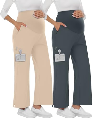 2 Pack Women's Maternity Scrub Pants with 6 Pockets - color: Dark Gray, Khaki, size: X-Large