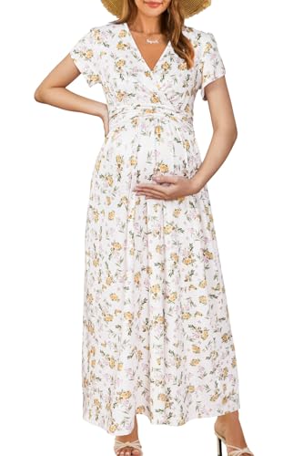 OUGES Women's Wrap V Neck Summer Maternity Photoshoot Dress with Pockets - color: Light Apricot Yellow Floral, size: XX-Large