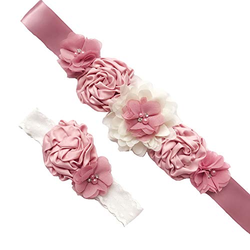 Lauthen.S Maternity Flower Sash Belt Headband Set, Women Girls Wedding Baby Shower Sash - color: Dusty Pink