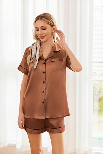 Ekouaer Womens Silk Satin Pajama Sets Soft Short Sleeve Button Up Sleepwear - color: Brown, size: Medium