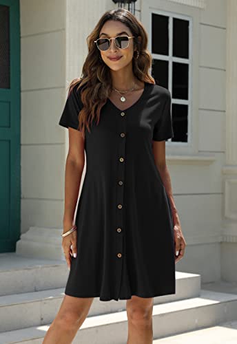 Manydress Women's Button Down Summer Dress Short Sleeve with Pockets - color: Black, size: Small