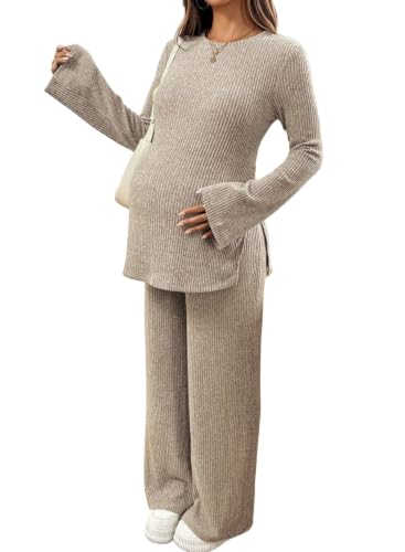 BLENCOT Maternity 2 Piece Outfits Ribbed Knit Long Sleeve Sets - color: Apricot, size: Medium