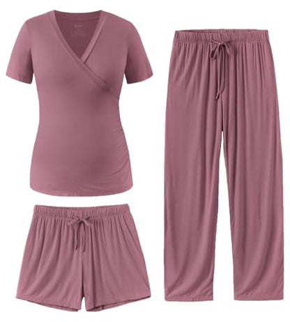 PATPAT 3-Piece Maternity Nursing Pajamas, Womens Lounge Set with Pockets - color: Rust Red, size: Small