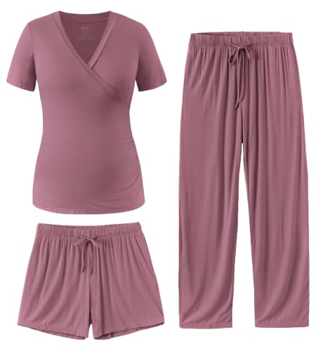 PATPAT 3-Piece Maternity Nursing Pajamas, Womens Lounge Set with Pockets - color: Rust Red, size: Large
