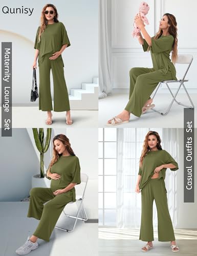 Maternity Lounge Set, 2 Piece Matching Set with Wide Leg Pants - color: Dark Green, size: Small