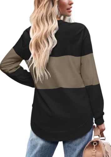 OFEEFAN Womens Sweatshirt Crewneck Long Sleeve Shirts High Low Tops Curved Hem - color: Black Brown, size: XX-Large