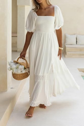 R.Vivimos Women's Summer Square Neck Smocked Slit Maxi Dress - color: White, size: X-Large