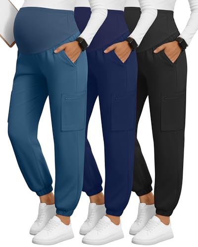 3 Pack Maternity Scrub Cargo Jogger Pants - color: Black, Navy Blue, Blue Green, size: Large