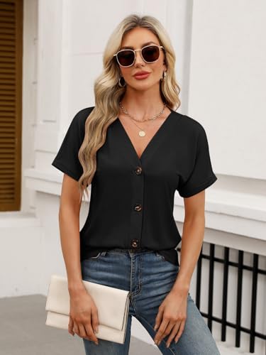 TICTICMISS Womens Summer Tops Short Sleeve Button Down V Neck T Shirts - color: Black, size: Medium