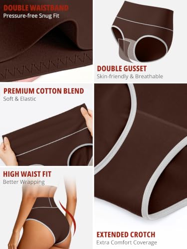 Women’s Cotton Underwear, High Waist, Full Coverage Briefs, 5 Pack - color: Black/Coffee Brown/Camel/Deep Apricot/Heather Gray, size: 4X-Large