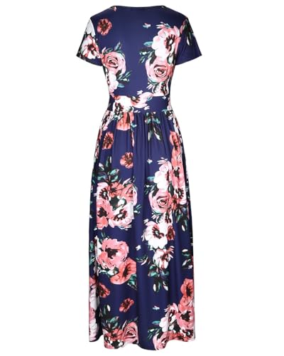 OUGES Women's Floral Maxi V-Neck Pockets Summer Casual Dress 2026 Daily - color: Red Flowers, size: Large