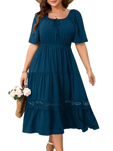 RWJ Women's Plus Size Maxi Dress Short Sleeve Wedding Guest Summer Dresses - color: Lake Blue, size: Large Plus