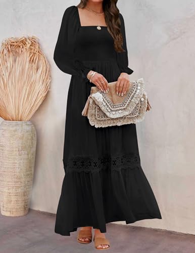 ZESICA Women's 2026 Boho Long Sleeve Fall Maxi Dress - color: Black, size: X-Large