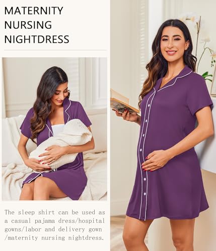 Ekouaer Womens Nightgown Button Down Short Sleeve Notch Collar Sleep Shirt - color: Purple, size: X-Large