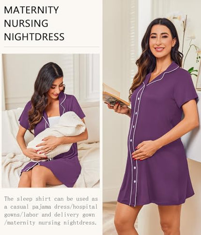 Ekouaer Womens Nightgown Button Down Short Sleeve Notch Collar Sleep Shirt - color: Purple, size: Small