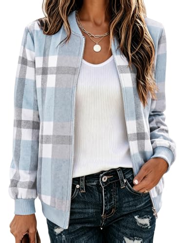 Zeagoo Jackets for Women 2026 Lightweight Bomber Jacket Plaid Flannel Coat - color: Blue Plaid- Gw570, size: Small