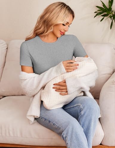 Ekouaer 3/4 Pack Womens Maternity Shirts Short Sleeve Pregnancy Tops - color: Z 4pcs Black / Brown / Light Grey / White, size: Medium