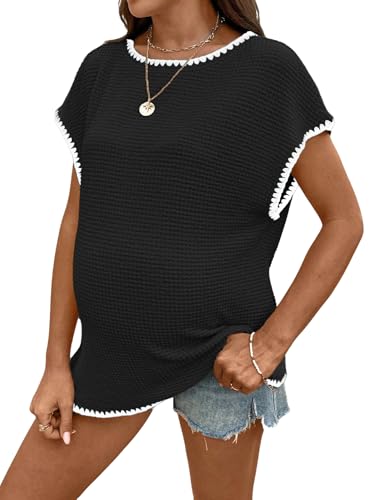 MakeMeChic Women's Maternity Work Knit Tops Nursing Short Sleeve Tees - color: Black, size: Large