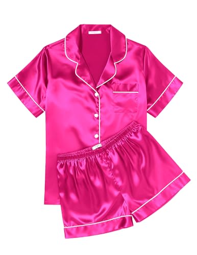 Ekouaer Womens Silk Satin Pajama Sets Soft Short Sleeve Button Up Sleepwear - color: B-rose, size: XX-Large
