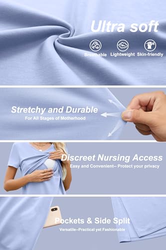 OUGES Womens 2026 Summer Short Sleeve Maternity Nursing Dress V Neck Breastfeeding Split Long Dress Pregnancy Clothes - color: Sky Blue, size: Small
