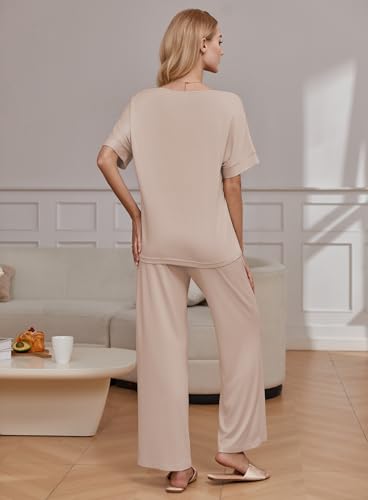 Ekouaer Pajama Sets Womens 2 Piece Short Sleeve Long Pants Pjs Lounge Set - color: Beige, size: X-Large