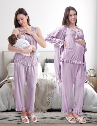 SUNNYBUY 3 PCS Ruffle Maternity Nursing Pajamas Set & Robe for Postpartum - color: Lavender, size: Large